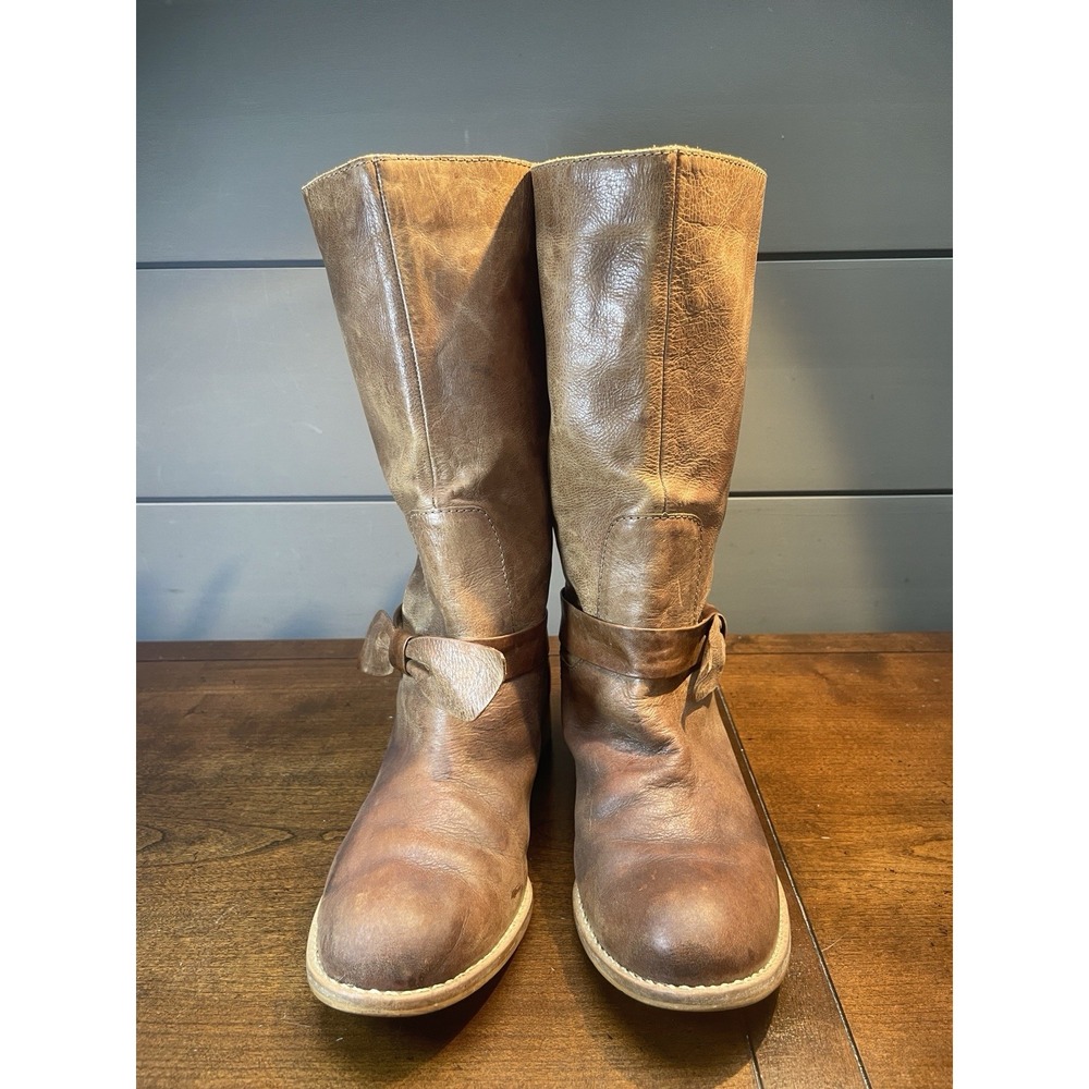 Miss Albright Mid Calf Leather Side Strap Bow Light Brown/Tan Womens 6.5 Boots - Picture 3 of 8
